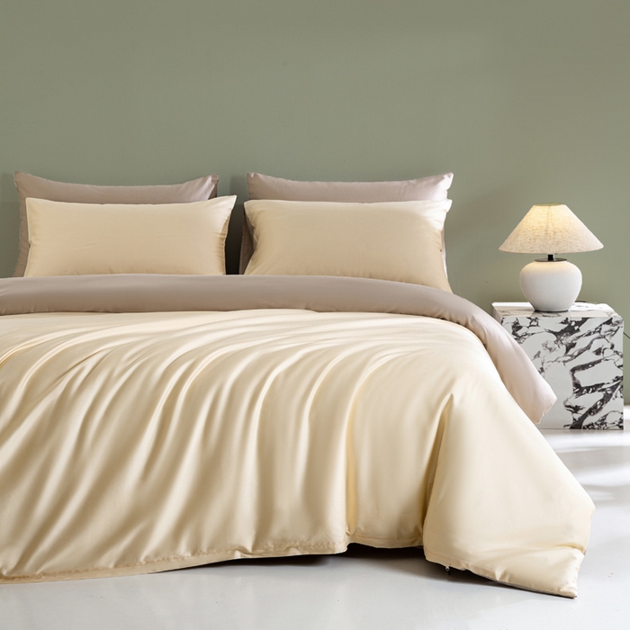 憨豆家纺 2026新款全棉60s四件套纯色贡缎纯棉被套床笠款三件套长绒棉被套 奶昔白+奶咖