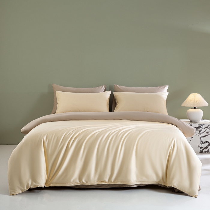 91家纺网 家纺一手货源 找家纺 憨豆家纺 2026新款全棉60s四件套纯色贡缎纯棉被套床笠款三件套长绒棉被套 奶昔白+奶咖