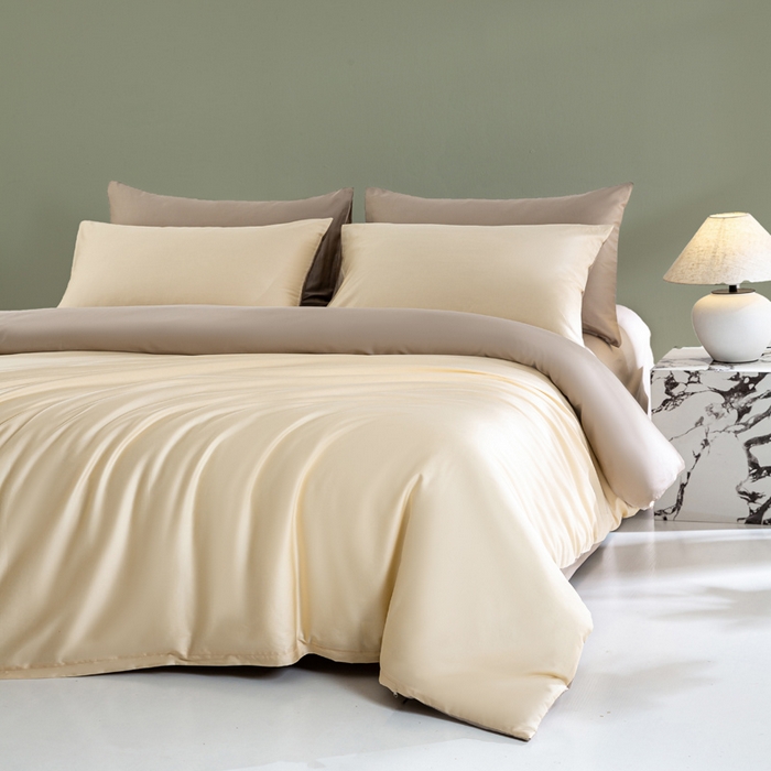 91家纺网 家纺一手货源 找家纺 憨豆家纺 2026新款全棉60s四件套纯色贡缎纯棉被套床笠款三件套长绒棉被套 奶昔白+奶咖