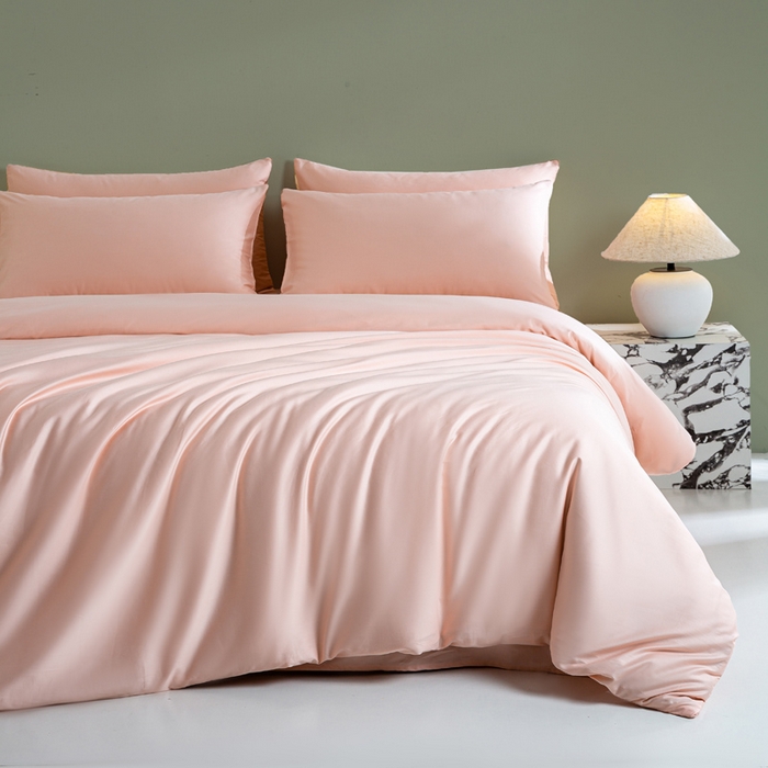 憨豆家纺 2026新款全棉60s四件套纯色贡缎纯棉被套床笠款三件套长绒棉被套 樱花粉