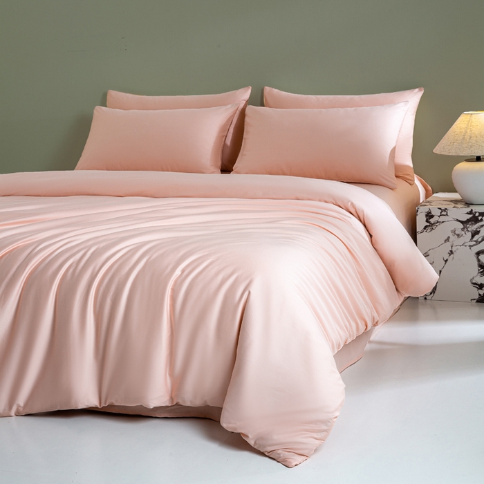 91家纺网 家纺一手货源 找家纺 憨豆家纺 2026新款全棉60s四件套纯色贡缎纯棉被套床笠款三件套长绒棉被套 樱花粉