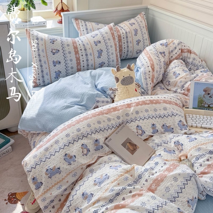 91家纺网 家纺一手货源 找家纺 （总）赛琳 2026新款春夏款泡芙纱双层纱加厚费尔岛系列四件套（有买家秀）