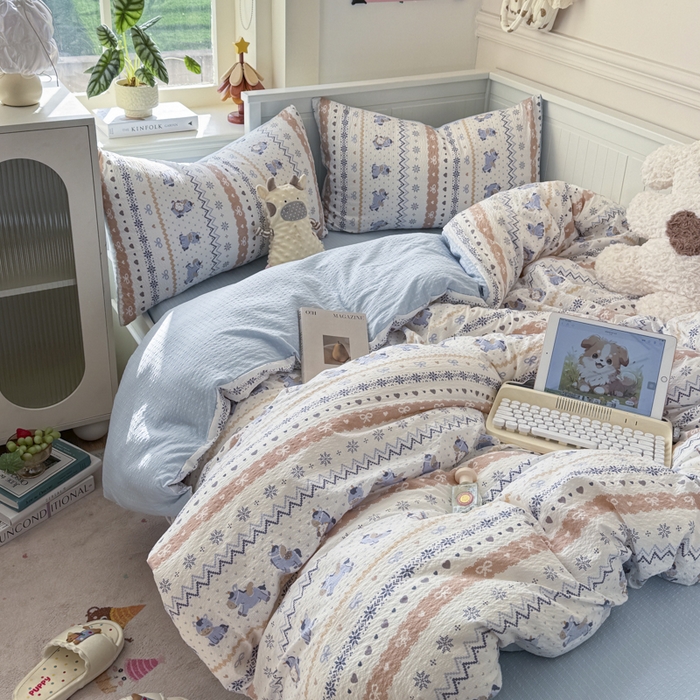 91家纺网 家纺一手货源 找家纺 赛琳 2026新款春夏款泡芙纱双层纱加厚费尔岛系列四件套（有买家秀） 费尔岛木马