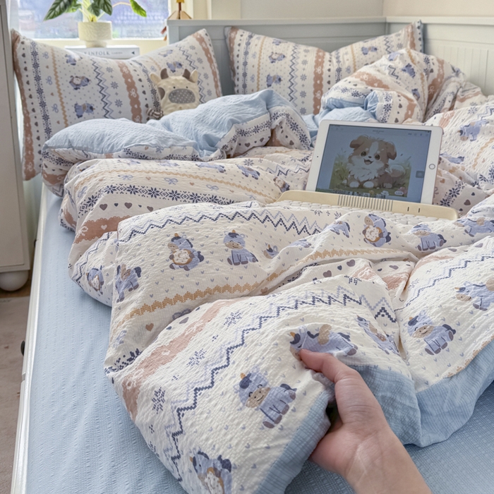 91家纺网 家纺一手货源 找家纺 赛琳 2026新款春夏款泡芙纱双层纱加厚费尔岛系列四件套（有买家秀） 费尔岛木马