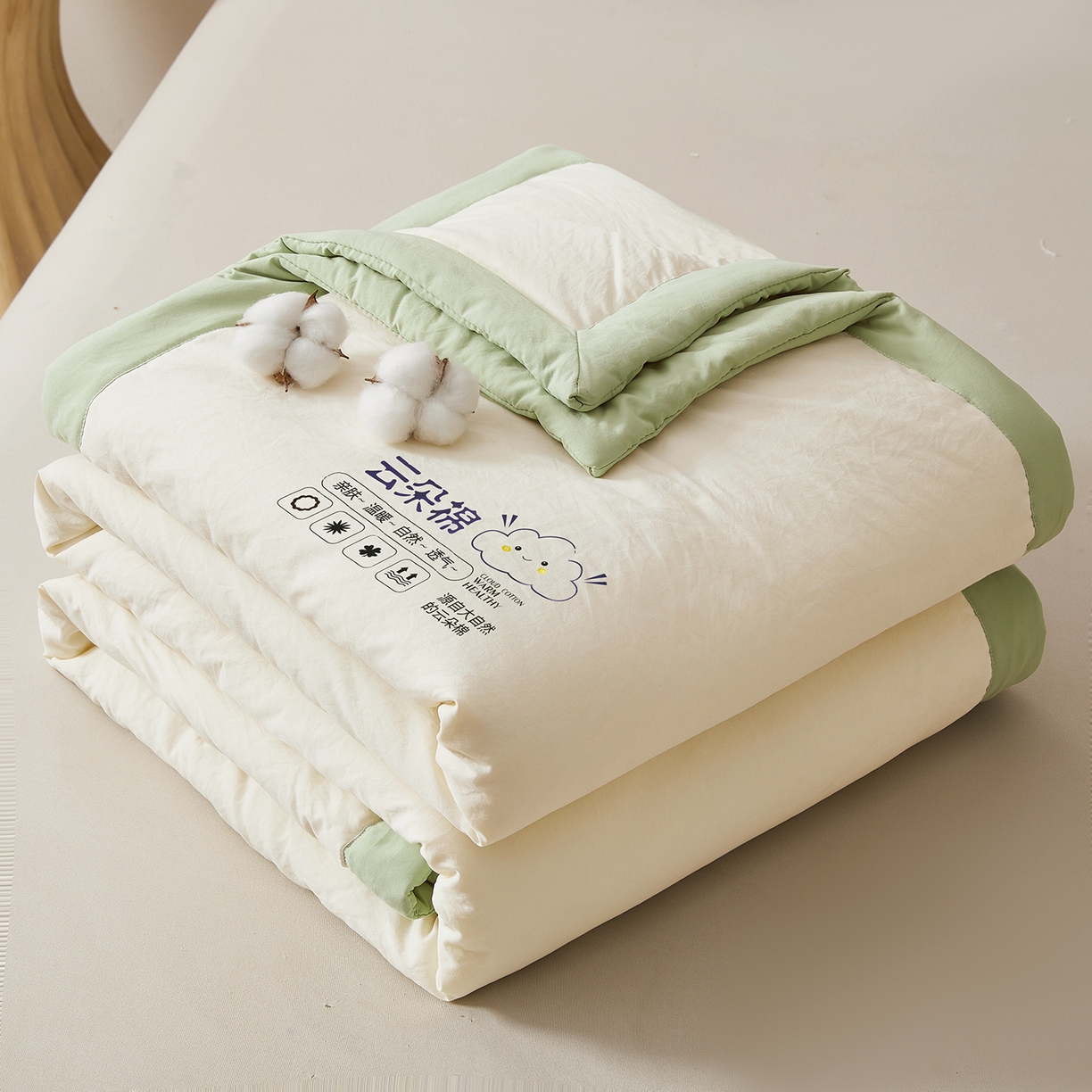 91家纺网 家纺一手货源 找家纺 样样红被业 2026新款水洗棉100%纯棉花夏被 云朵棉-白拼绿