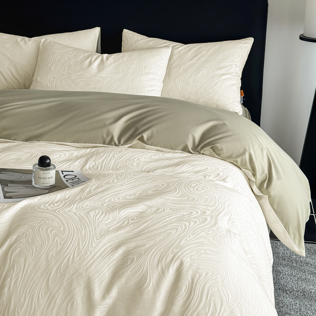 91家纺网 家纺一手货源 找家纺 简宜家居（朝初家纺） 2026新款四季40支全棉提花纯棉四件套--彩绘系列 青禾纹-松烟