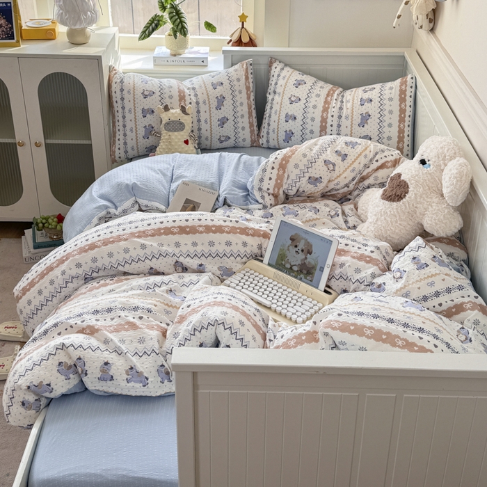 91家纺网 家纺一手货源 找家纺 赛琳 2026新款春夏款泡芙纱双层纱加厚费尔岛系列四件套（有买家秀） 费尔岛木马