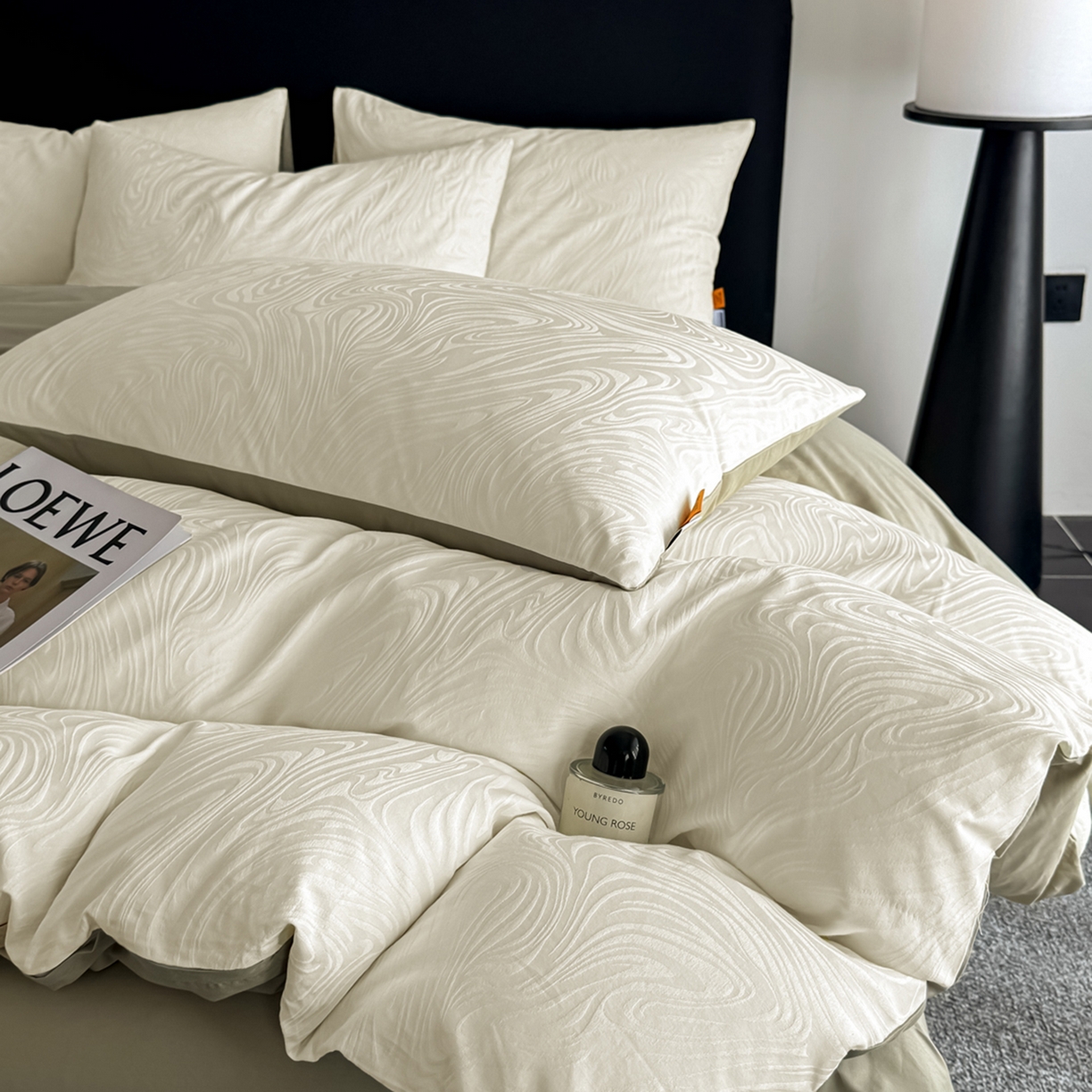 91家纺网 家纺一手货源 找家纺 简宜家居（朝初家纺） 2026新款四季40支全棉提花纯棉四件套--彩绘系列 青禾纹-松烟