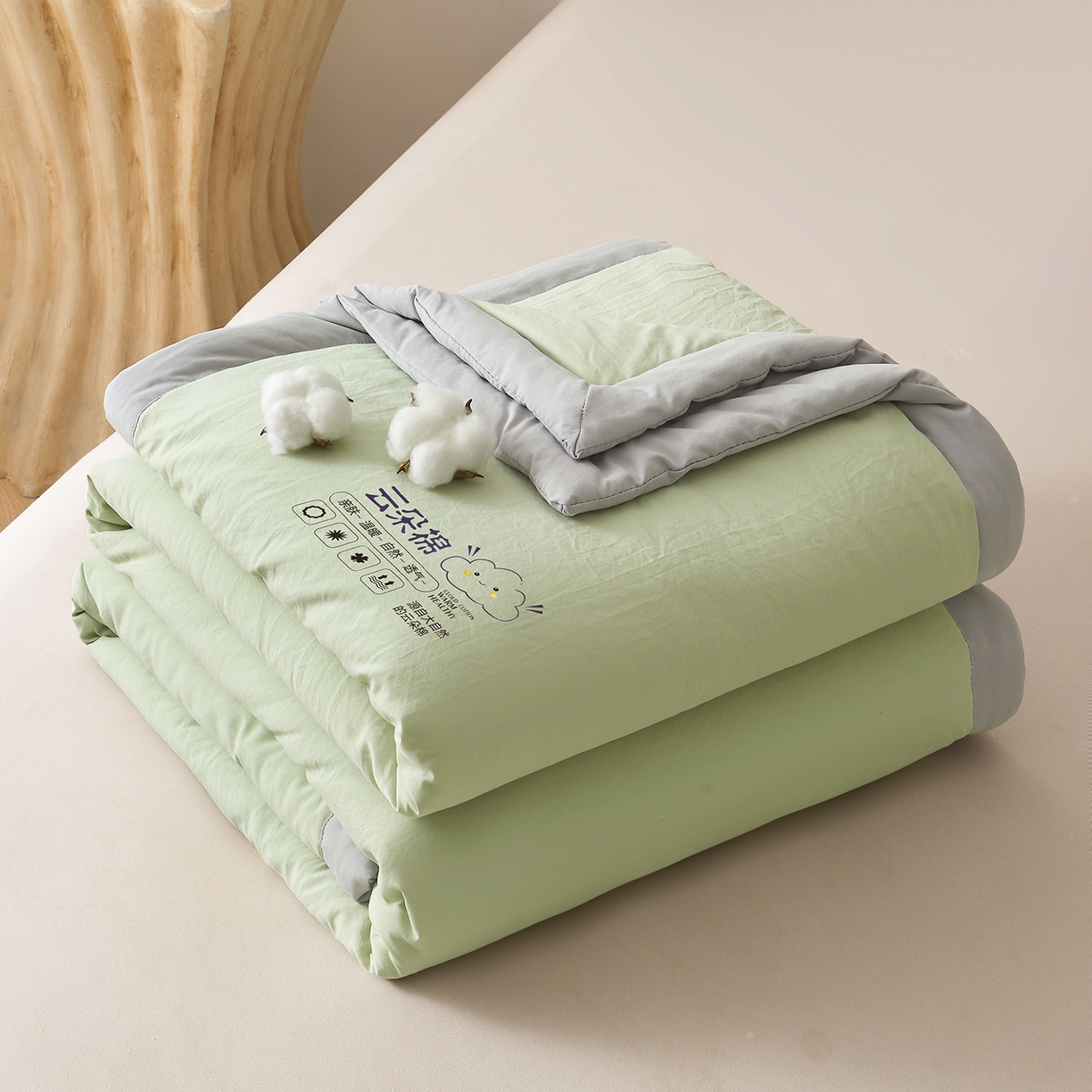 91家纺网 家纺一手货源 找家纺 样样红被业 2026新款水洗棉100%纯棉花夏被 云朵棉-绿拼灰