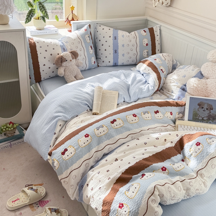 91家纺网 家纺一手货源 找家纺 赛琳 2026新款春夏款泡芙纱双层纱加厚费尔岛系列四件套（有买家秀） 可可小猫条