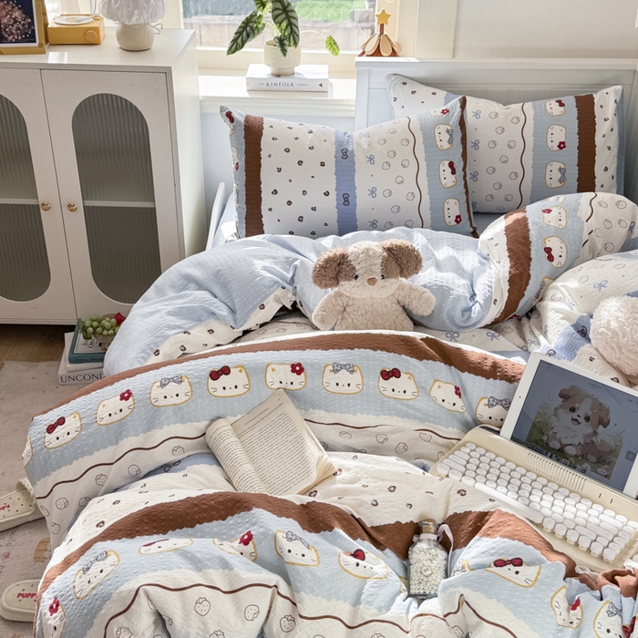 91家纺网 家纺一手货源 找家纺 赛琳 2026新款春夏款泡芙纱双层纱加厚费尔岛系列四件套（有买家秀） 可可小猫条