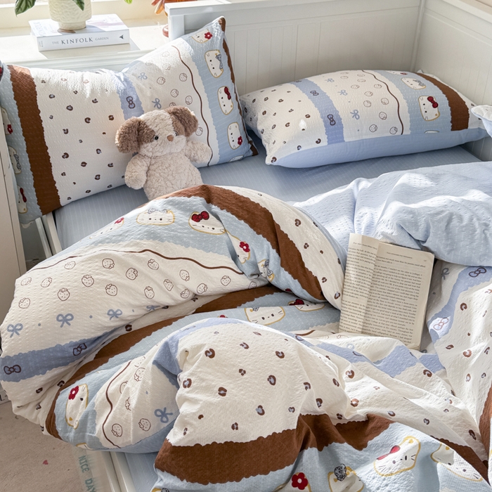 91家纺网 家纺一手货源 找家纺 赛琳 2026新款春夏款泡芙纱双层纱加厚费尔岛系列四件套（有买家秀） 可可小猫条