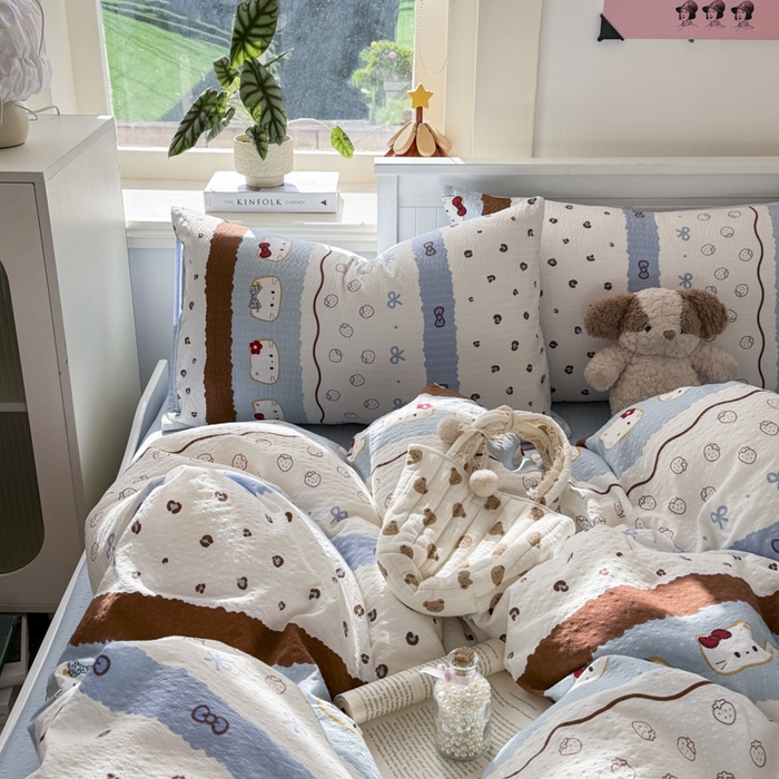 91家纺网 家纺一手货源 找家纺 赛琳 2026新款春夏款泡芙纱双层纱加厚费尔岛系列四件套（有买家秀） 可可小猫条