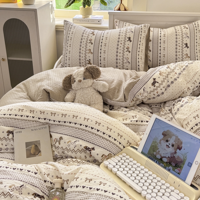 91家纺网 家纺一手货源 找家纺 赛琳 2026新款春夏款泡芙纱双层纱加厚费尔岛系列四件套（有买家秀） 栗色木马纹