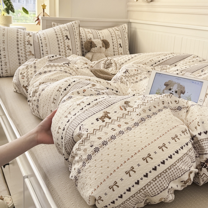 91家纺网 家纺一手货源 找家纺 赛琳 2026新款春夏款泡芙纱双层纱加厚费尔岛系列四件套（有买家秀） 栗色木马纹