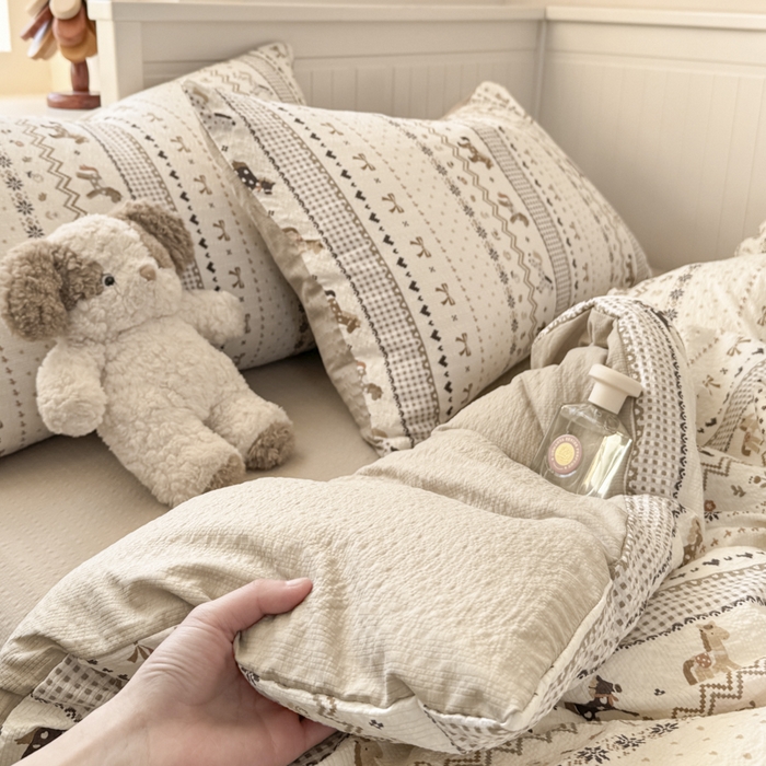 91家纺网 家纺一手货源 找家纺 赛琳 2026新款春夏款泡芙纱双层纱加厚费尔岛系列四件套（有买家秀） 栗色木马纹