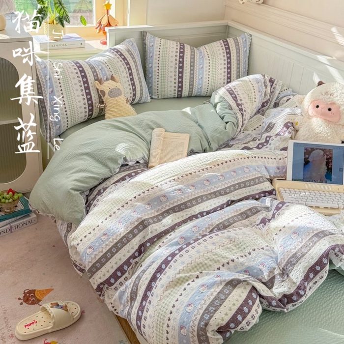 赛琳 2026新款春夏款泡芙纱双层纱加厚费尔岛系列四件套（有买家秀） 猫咪集蓝