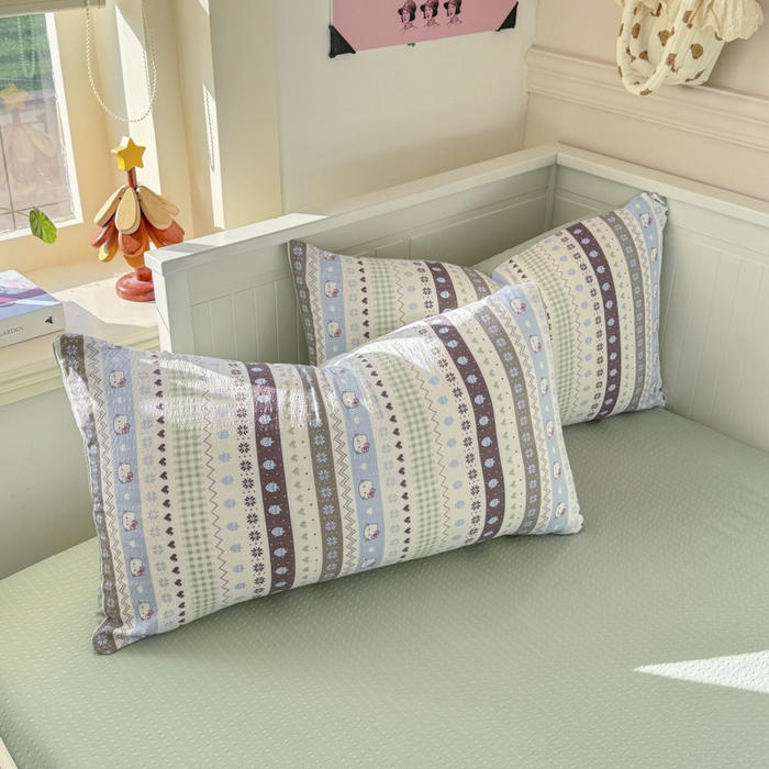 91家纺网 家纺一手货源 找家纺 赛琳 2026新款春夏款泡芙纱双层纱加厚费尔岛系列四件套（有买家秀） 猫咪集蓝