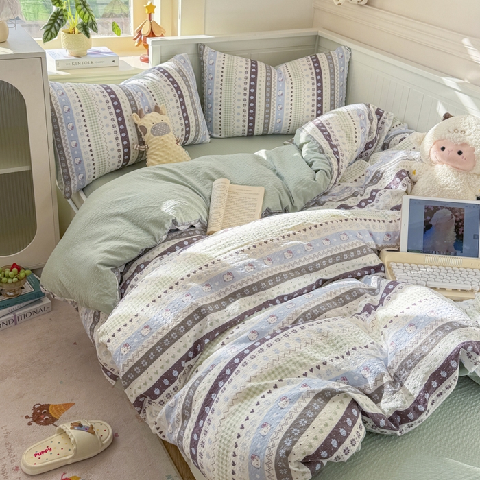 91家纺网 家纺一手货源 找家纺 赛琳 2026新款春夏款泡芙纱双层纱加厚费尔岛系列四件套（有买家秀） 猫咪集蓝