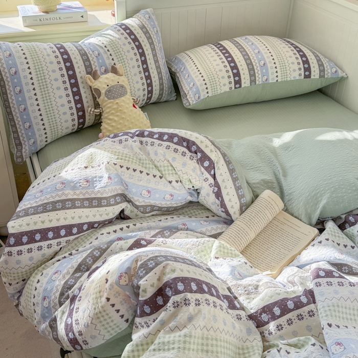 91家纺网 家纺一手货源 找家纺 赛琳 2026新款春夏款泡芙纱双层纱加厚费尔岛系列四件套（有买家秀） 猫咪集蓝