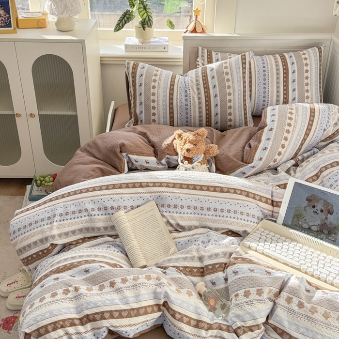 91家纺网 家纺一手货源 找家纺 赛琳 2026新款春夏款泡芙纱双层纱加厚费尔岛系列四件套（有买家秀） 小鹿织棉