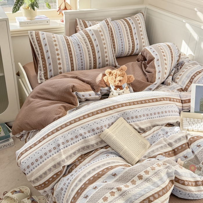 91家纺网 家纺一手货源 找家纺 赛琳 2026新款春夏款泡芙纱双层纱加厚费尔岛系列四件套（有买家秀） 小鹿织棉