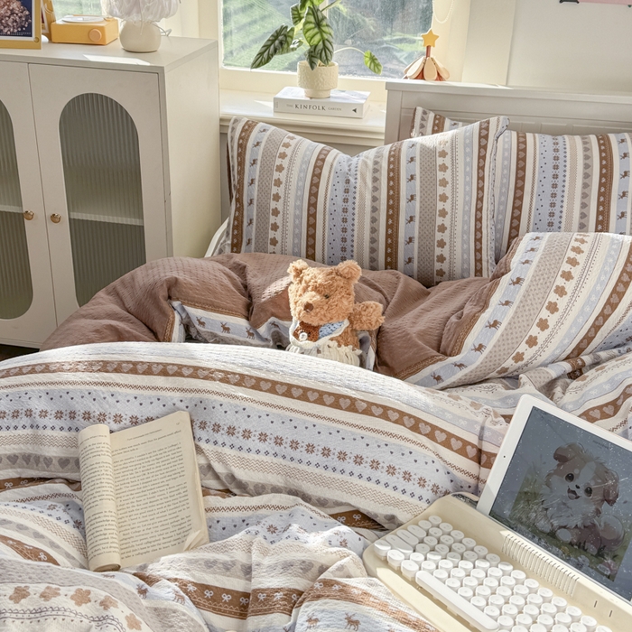 91家纺网 家纺一手货源 找家纺 赛琳 2026新款春夏款泡芙纱双层纱加厚费尔岛系列四件套（有买家秀） 小鹿织棉