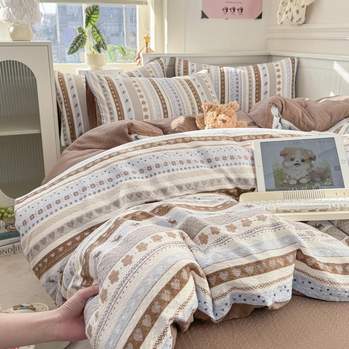 91家纺网 家纺一手货源 找家纺 赛琳 2026新款春夏款泡芙纱双层纱加厚费尔岛系列四件套（有买家秀） 小鹿织棉