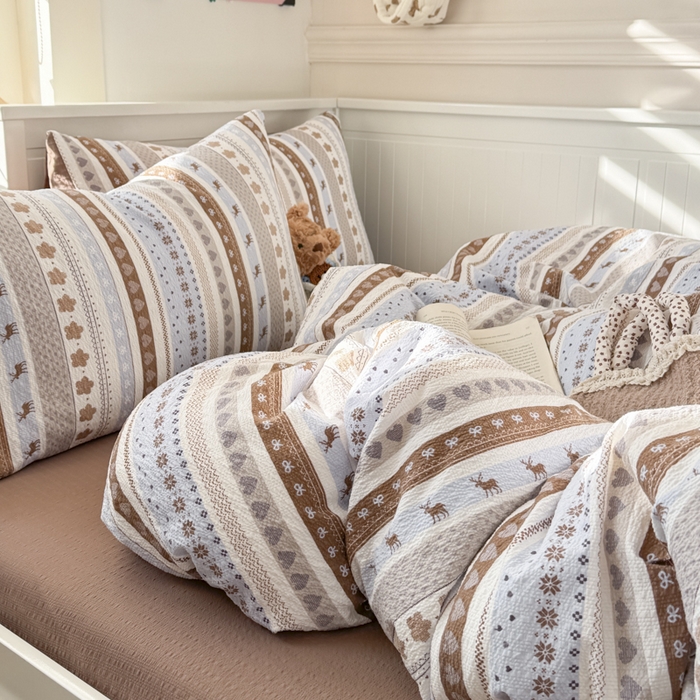 91家纺网 家纺一手货源 找家纺 赛琳 2026新款春夏款泡芙纱双层纱加厚费尔岛系列四件套（有买家秀） 小鹿织棉