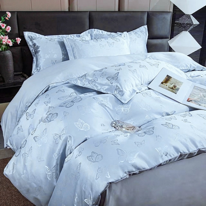 91家纺网 家纺一手货源 找家纺 畅畅家纺 2026春夏新款高档轻奢水洗真丝提花四件套夏天纯色床单床笠 蝶之恋-水清兰