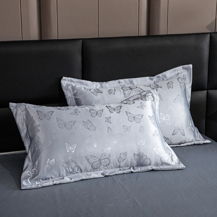 91家纺网 家纺一手货源 找家纺 畅畅家纺 2026春夏新款高档轻奢水洗真丝提花四件套夏天纯色床单床笠 蝶之恋-浅云灰