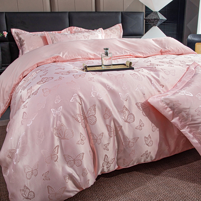 91家纺网 家纺一手货源 找家纺 畅畅家纺 2026春夏新款高档轻奢水洗真丝提花四件套夏天纯色床单床笠 蝶之恋-雅玉