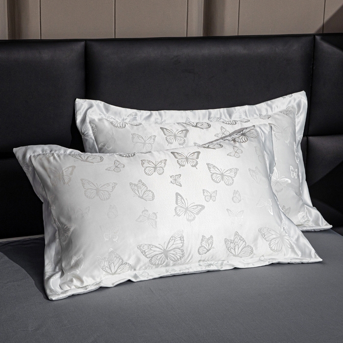 91家纺网 家纺一手货源 找家纺 畅畅家纺 2026春夏新款高档轻奢水洗真丝提花四件套夏天纯色床单床笠 蝶之恋-白拼灰