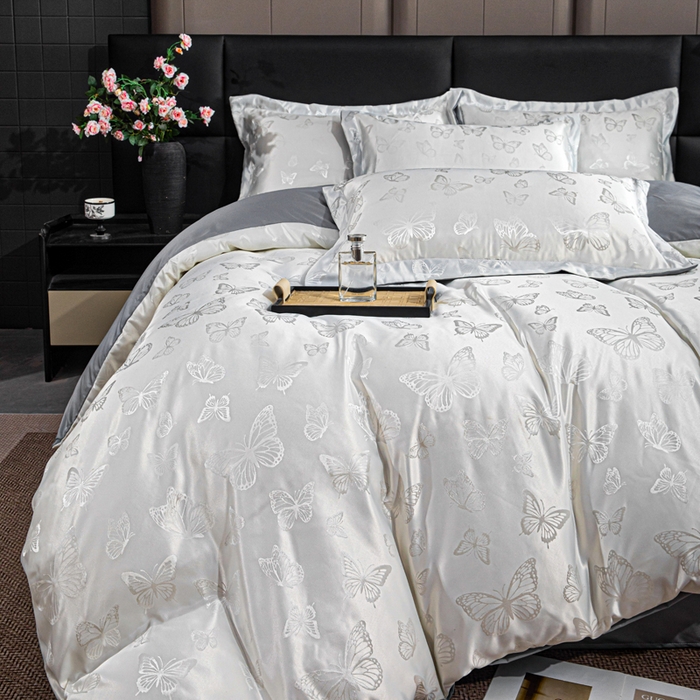 91家纺网 家纺一手货源 找家纺 畅畅家纺 2026春夏新款高档轻奢水洗真丝提花四件套夏天纯色床单床笠 蝶之恋-白拼灰