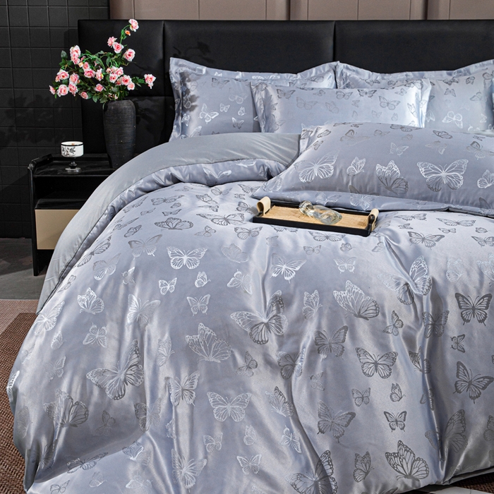 91家纺网 家纺一手货源 找家纺 畅畅家纺 2026春夏新款高档轻奢水洗真丝提花四件套夏天纯色床单床笠 蝶之恋-浅云灰