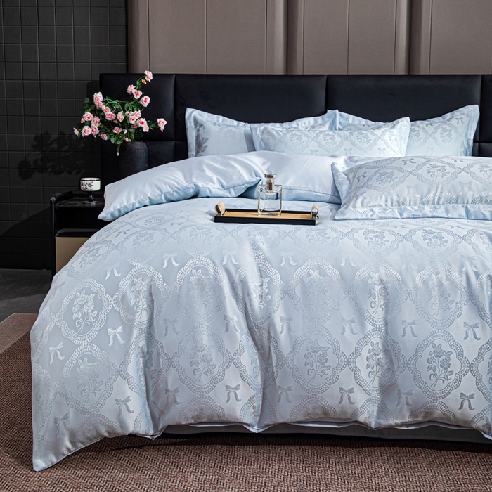 91家纺网 家纺一手货源 找家纺 畅畅家纺 2026春夏新款高档轻奢水洗真丝提花四件套夏天纯色床单床笠 花镜-水清兰