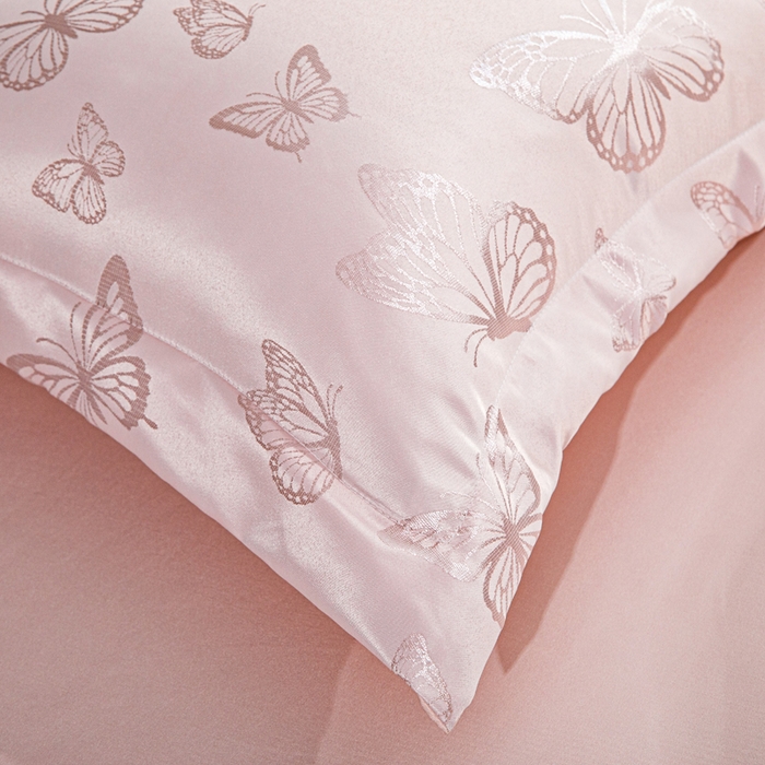 91家纺网 家纺一手货源 找家纺 畅畅家纺 2026春夏新款高档轻奢水洗真丝提花四件套夏天纯色床单床笠 蝶之恋-淡玉