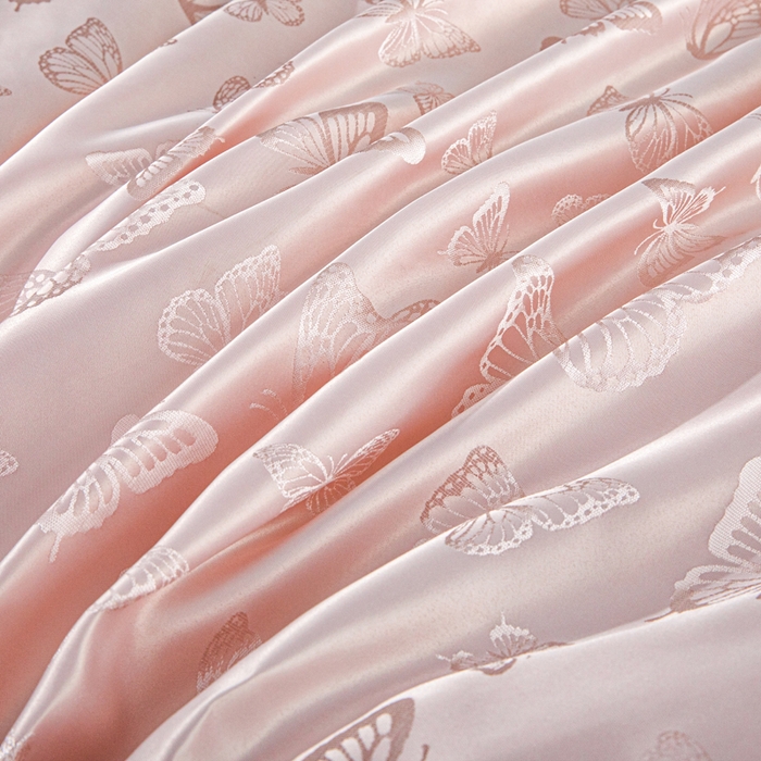 91家纺网 家纺一手货源 找家纺 畅畅家纺 2026春夏新款高档轻奢水洗真丝提花四件套夏天纯色床单床笠 蝶之恋-淡玉