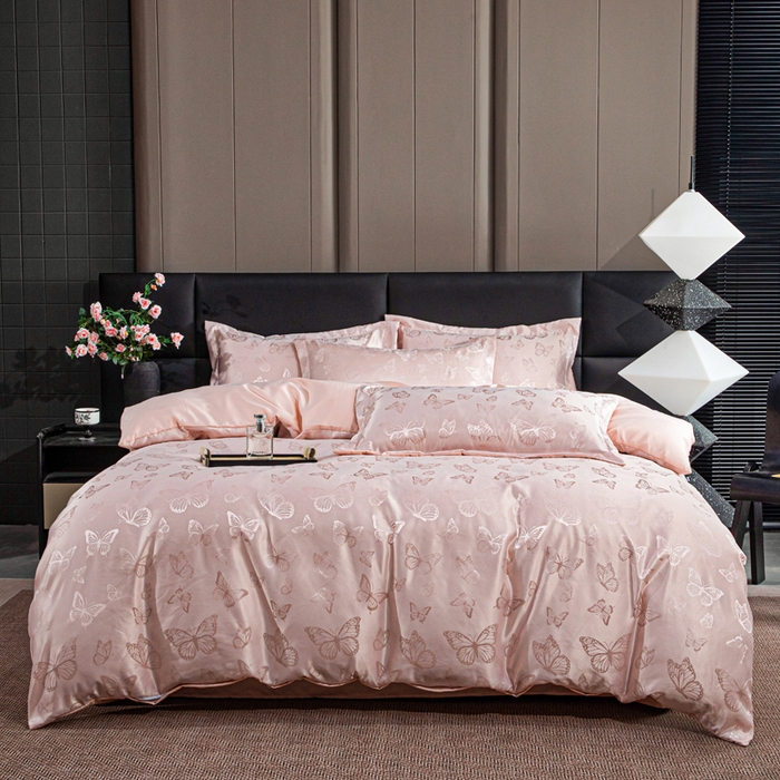 91家纺网 家纺一手货源 找家纺 畅畅家纺 2026春夏新款高档轻奢水洗真丝提花四件套夏天纯色床单床笠 蝶之恋-淡玉