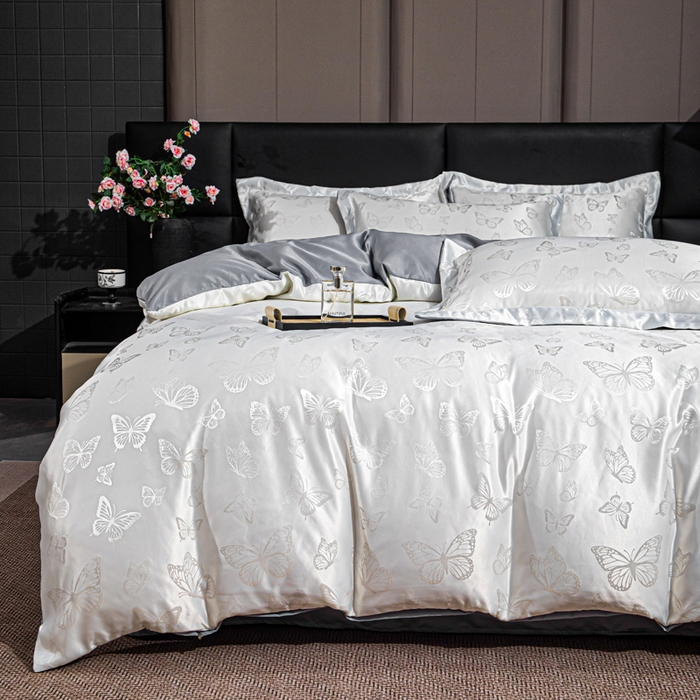 91家纺网 家纺一手货源 找家纺 畅畅家纺 2026春夏新款高档轻奢水洗真丝提花四件套夏天纯色床单床笠 蝶之恋-白拼灰