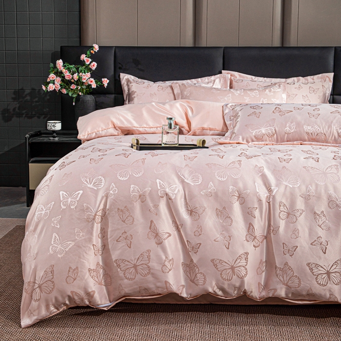 91家纺网 家纺一手货源 找家纺 畅畅家纺 2026春夏新款高档轻奢水洗真丝提花四件套夏天纯色床单床笠 蝶之恋-淡玉