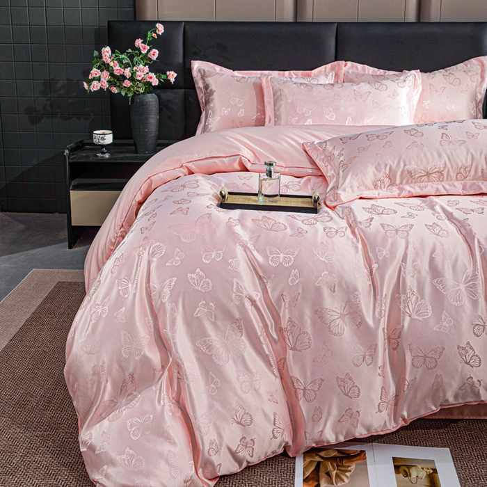 91家纺网 家纺一手货源 找家纺 畅畅家纺 2026春夏新款高档轻奢水洗真丝提花四件套夏天纯色床单床笠 蝶之恋-雅玉