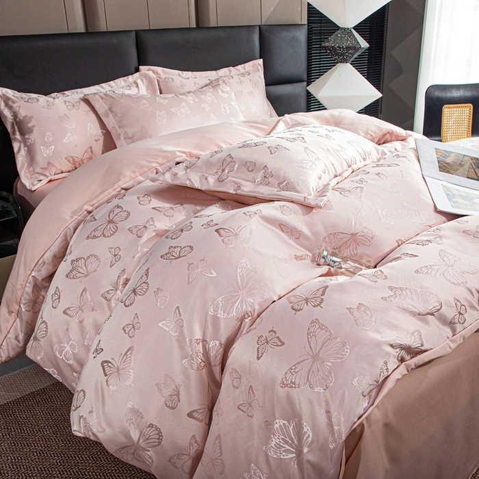 91家纺网 家纺一手货源 找家纺 畅畅家纺 2026春夏新款高档轻奢水洗真丝提花四件套夏天纯色床单床笠 蝶之恋-淡玉