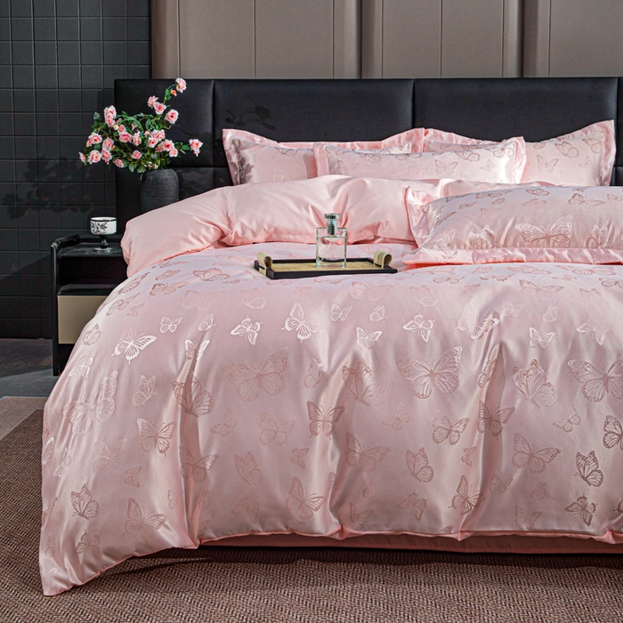 91家纺网 家纺一手货源 找家纺 畅畅家纺 2026春夏新款高档轻奢水洗真丝提花四件套夏天纯色床单床笠 蝶之恋-雅玉