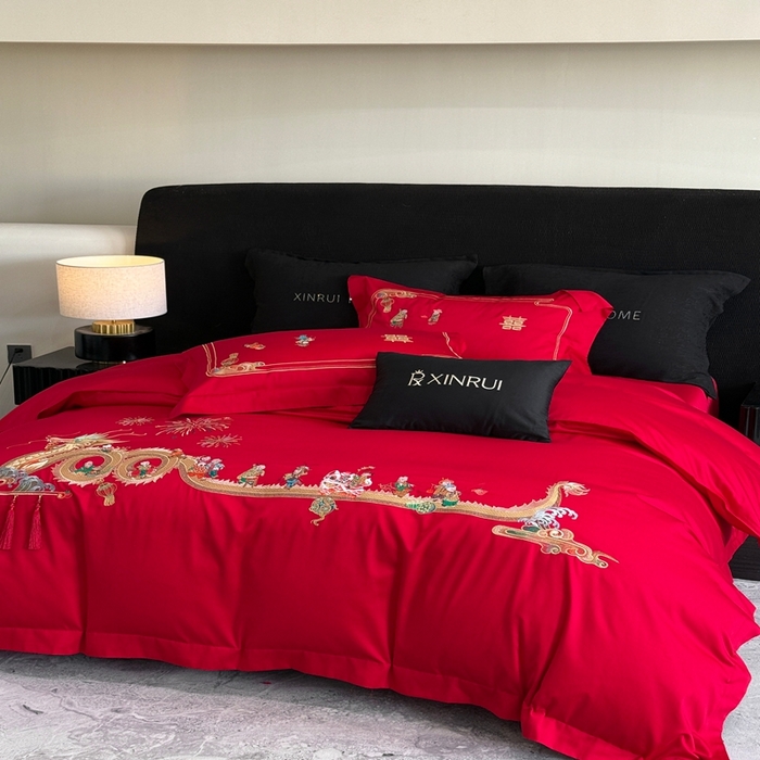 91家纺网 家纺一手货源 找家纺 （总）蕾诺家纺 2026新款100支高定婚庆系列四件套-百子戏园