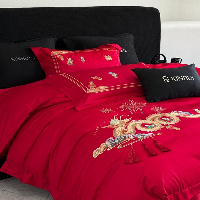 91家纺网 家纺一手货源 找家纺 （总）蕾诺家纺 2026新款100支高定婚庆系列四件套-百子戏园