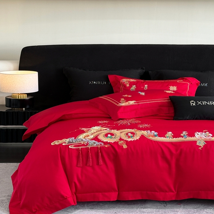 91家纺网 家纺一手货源 找家纺 （总）蕾诺家纺 2026新款100支高定婚庆系列四件套-百子戏园