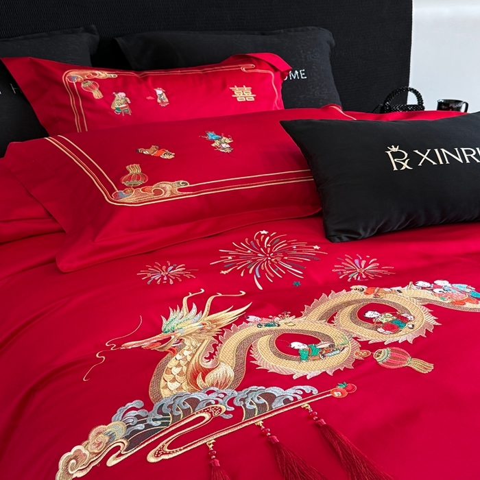 91家纺网 家纺一手货源 找家纺 （总）蕾诺家纺 2026新款100支高定婚庆系列四件套-百子戏园