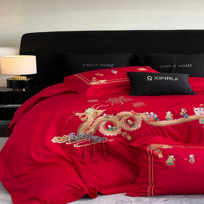 91家纺网 家纺一手货源 找家纺 （总）蕾诺家纺 2026新款100支高定婚庆系列四件套-百子戏园