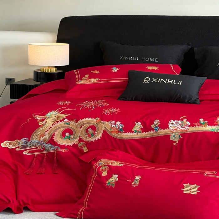 91家纺网 家纺一手货源 找家纺 （总）蕾诺家纺 2026新款100支高定婚庆系列四件套-百子戏园